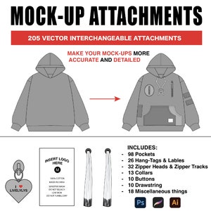 205 Mock-up Attachments | Streetwear Clothing Vector Pack Techpack Mockups Clothing Brand Fashion Design Tool Adobe Illustrator procreate
