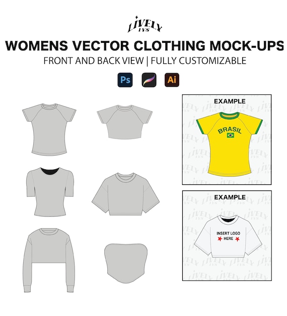 Crop tops women Vector Mock-ups|Streetwear Clothing Vector Mockups Techpack Clothing Brand Fashion Design Tool Adobe Illustrator  Procreate