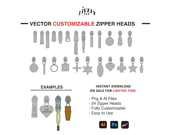 Vector Zipper Heads | Streetwear Clothing Vector Mockups Techpack  Clothing Brand Fashion Design Tool Adobe Illustrator Adobe Procreate