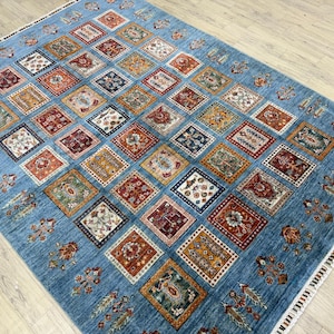 Alfombra Bakhtiari azul hecha a mano de 1,8 x 2,4 m (6 x 8 pies) - Alfombra con estampado geométrico floral - Alfombra de lana de oveja teñida orgánicamente - Alfombra para sala de estar - Alfombra para dormitorio