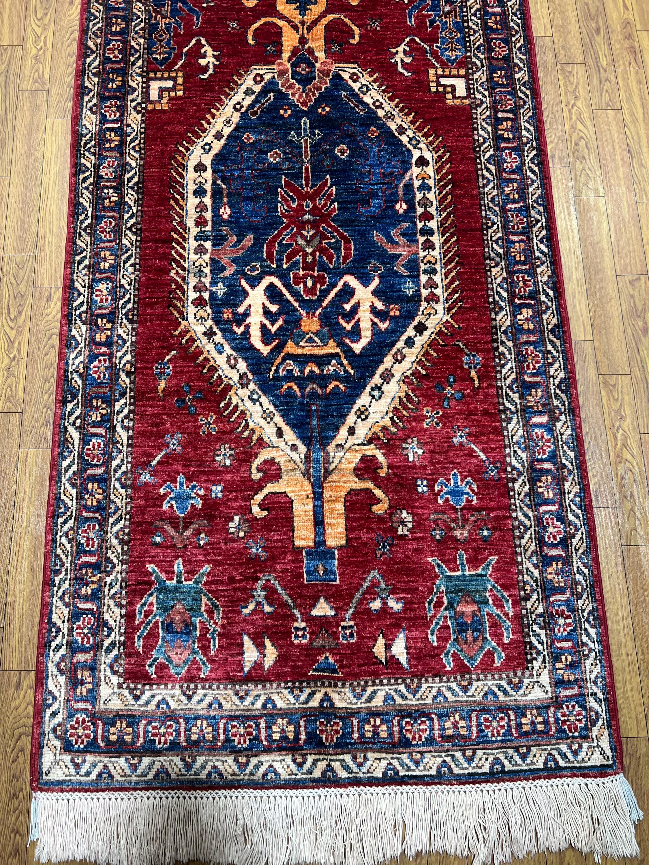 11 フィートの長い赤いランナー ラグ - 手編みのアフガニスタン ベジ