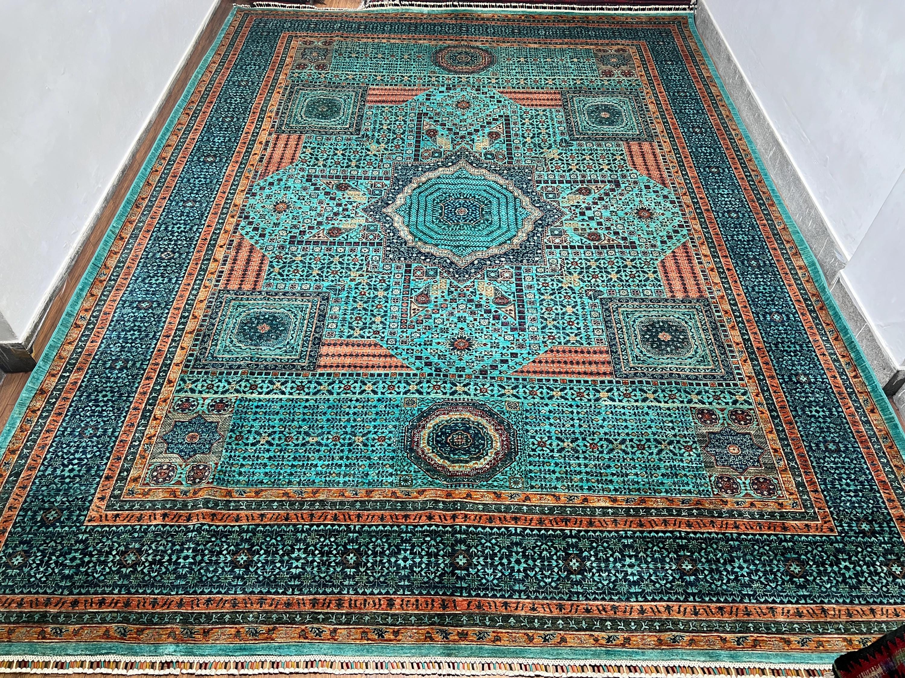 Teal Blue 10x13-14 Ft Turkish Mamluk Area Rug - Hand Knotted 