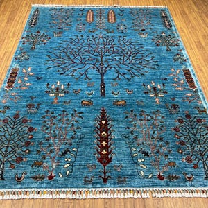 Blue 5x7 Ft Tree Of Life Area Rug - Afghan Hand Knotted Veg Dyes Wool Tribal Rug - Rug For Living Room - Bedroom Rug - Kids Room Rug