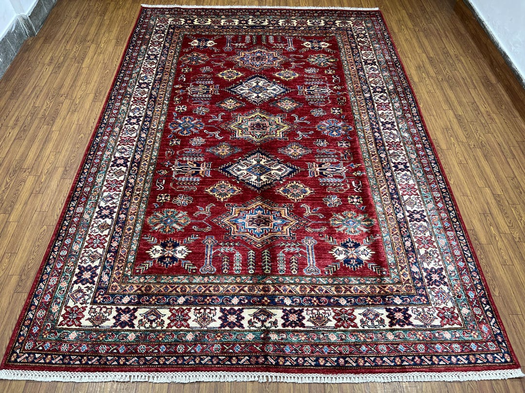 Red 6x9 Ft Kazak Area Rug - Afghan Hand Knotted Veg Dyes Wool Geometric ...