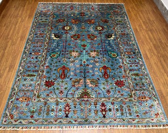 Blue 6x8 Ft Sultani Area Rug - Afghan Hand Knotted Veg Dyes Wool Bohemain Rug - Rug For Living Room - Bedroom Rug - Kids room Rug