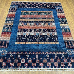 Dark Blue 5x7 Ft Gabbeh Area Rug - Afghan Hand Knotted Veg Dyes Wool Animal Print Rug - Bedroom Rug - Kids Room Rug - Entryway Rug
