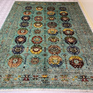 Turquoise 10x13 ft Large Waziri Area Rug - Hand Knotted 100% Wool Veg Dyed Oriental 10x13 Rug - Large Dining Room Rug - Home Decor - Unique