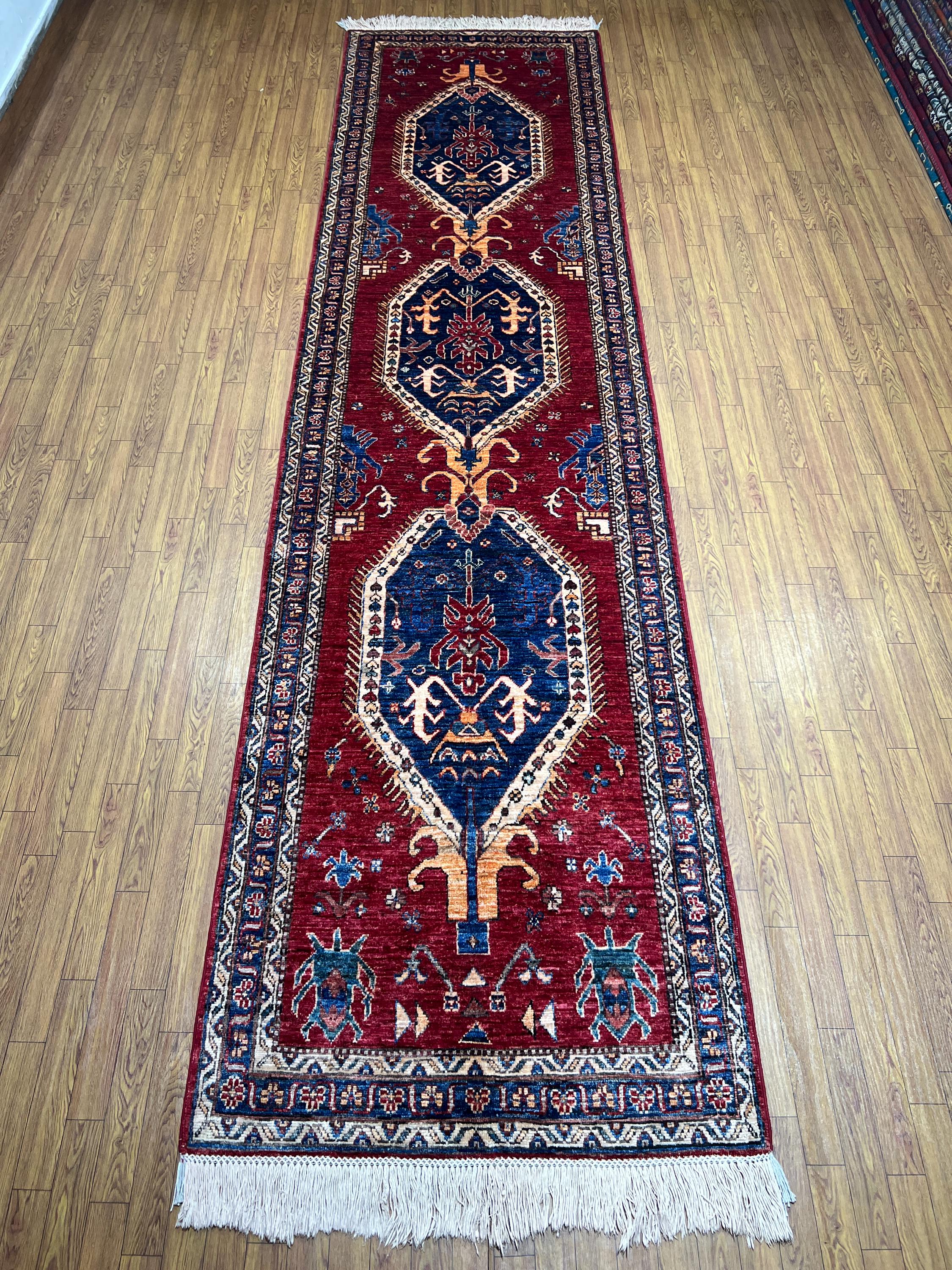 トライバルラグ　ウズベキスタン産　ランナー 11 フィートの長い赤いランナー ラグ - 手編みのアフガニスタン ベジ