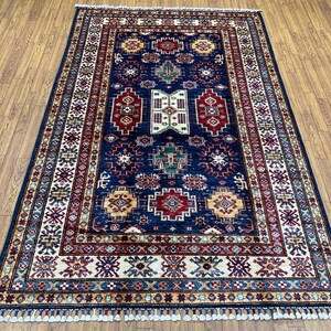 Handmade 4x6 Ft Navy Blue Kazak Area Rug - Afghan Hand Knotted Veg Dyes Wool Tribal Rug - Bedroom Rug - Kids Room - Entryway Rug