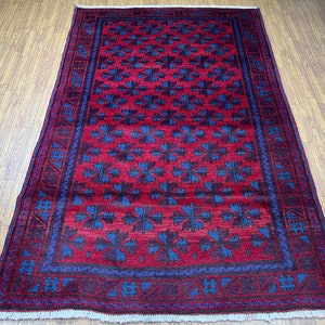 Vintage 4x7 Ft Baluch Area Rug, Veg Dyed Wool Rug, Red And Blue Rug For Corridor, Sofa, Entry way, Handmade Tukmen Antique Carpet,