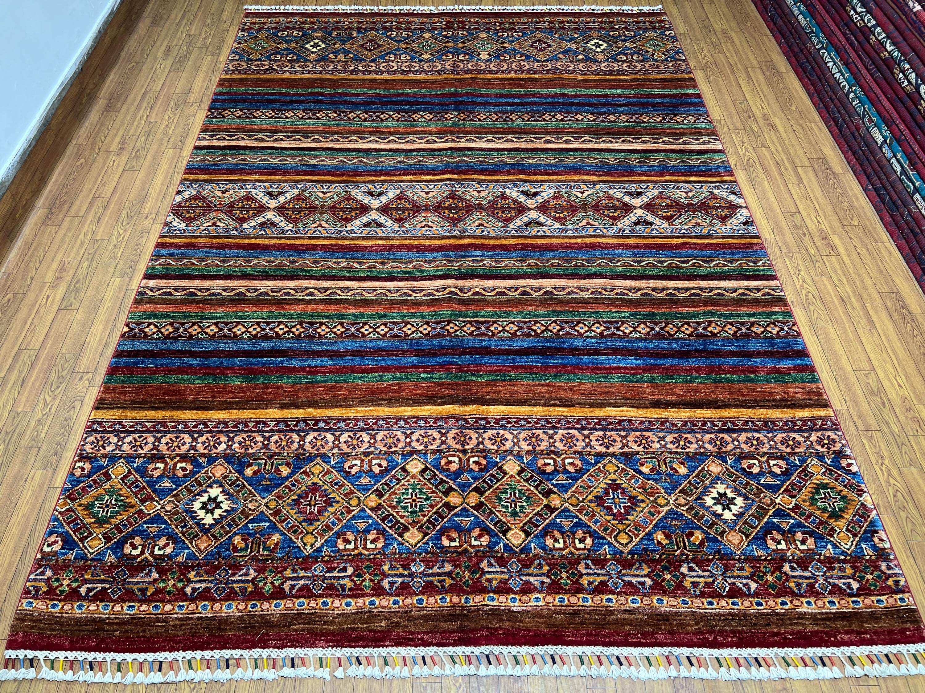 Multi Colour 6x8 Ft Striped Gabbeh Area Rug - Farmhouse Decor Rug - Patio Rug 6x8 ft - Living Room Wool Rug - Tribal Chobi Rug 6x8 Ft
