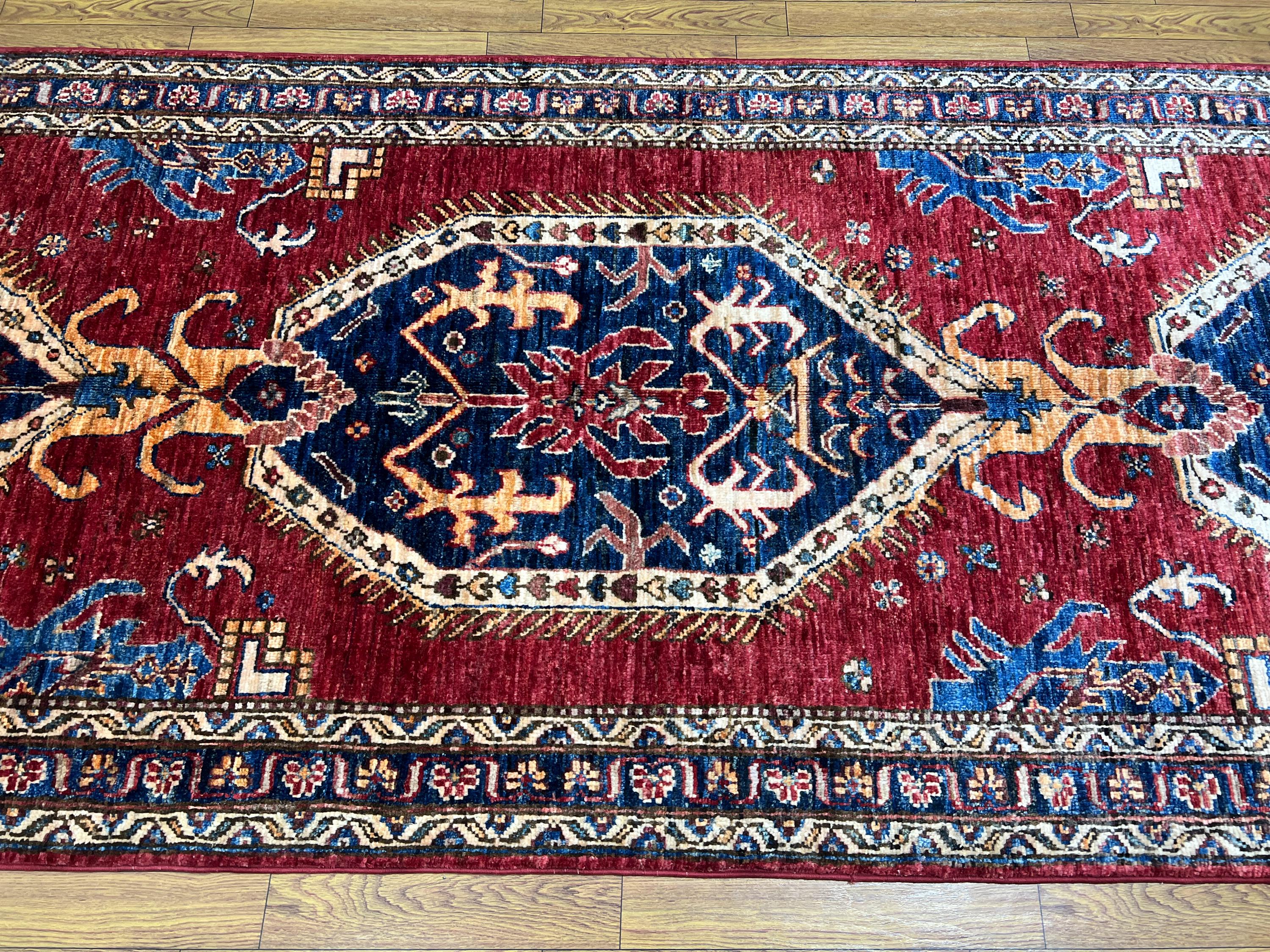 11 フィートの長い赤いランナー ラグ - 手編みのアフガニスタン ベジ