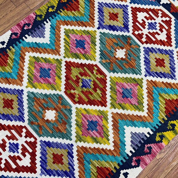 3x4 Afghan Maimana Kilim, Hand Knotted Veg Dye Wool Kilim, Entryway Rug, Kitchen Rug, Door Rug, Tribal Rug, Bedroom Rug, Kids Room Rug