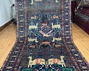 4x9 Pictorial Wide Runner Rug, Afghan Hand Knotted Veg Dye Wool Baluch Runner Rug, Wide Kitchen Runner, Entryway Runner, Wide Hallway Runner
