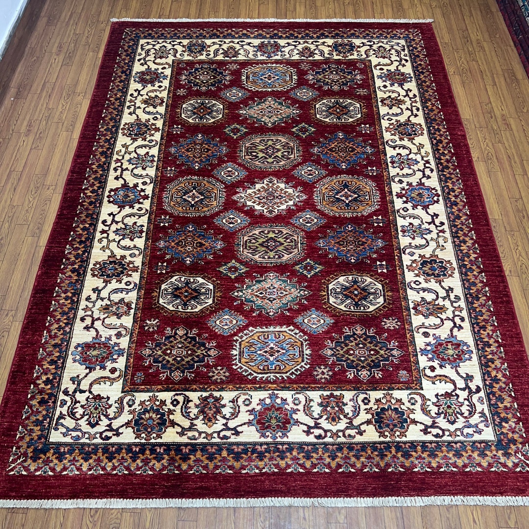 Hand Knotted 6x8 Ft Kazak Area Rug - Tribal Geometric Pattern Rug 6x8 ...
