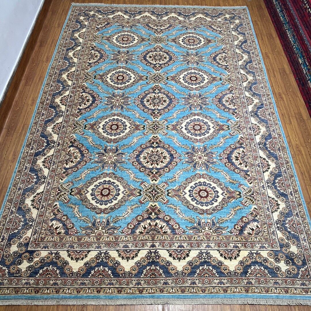 7x10 Handmade Chobi Rug: Veg Dyed Wool, Beige Sky Blue - Etsy
