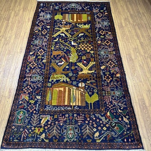4x7 Baluch Pictorial Rug, 100% Hand Knotted Natural Dyes Wool Rug, Bedroom rug, Entryway rug, Kids room rug, Kitchen Rug, Hanging Rug
