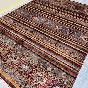 Handmade 9x12 Ft Red Large Striped Khorjun Area Rug - Afghan Veg Dyed Fine Quality Cobi Rug 9x12 Ft - Rug For Dining Room - Living Room Rug