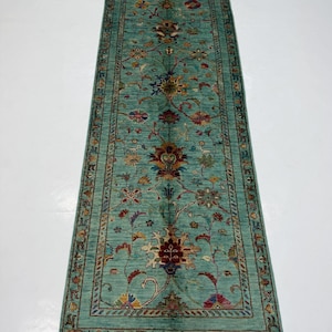 Turquoise Sultani Runner Rug – Hand-Knotted Wool, Floral Pattern (3x8 Ft)