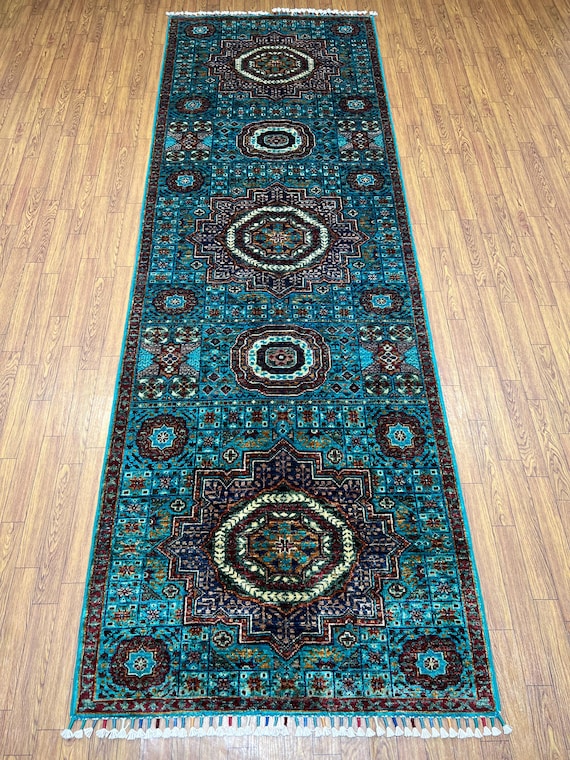 アンティーク幾何学模様の青緑ラグ 約260x約177cmウール100% アンティーク幾何学模様の青緑ラグ 約260x約177cmウール100