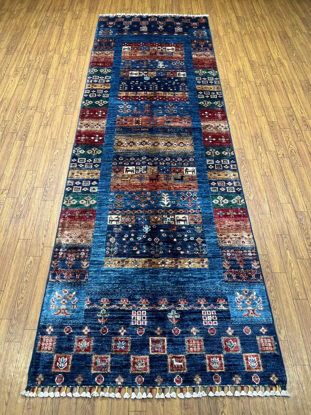 Blue 8 Ft Gabbeh Runner Rug - Afghan Hand Knotted Veg Dyes Wool Runner ...