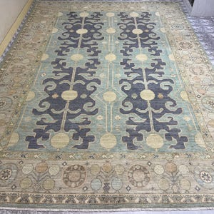 10x14 Ft Mint Blue Muted Oushak Area Rug, Afghan Hand Knotted Veg Dyes Wool Area Rug, Sofa Decor, Rug For Living Room, Dining Table Rug