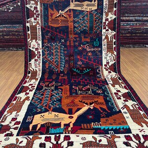 4x7 Ft Pictorial Area Rug - Afghan Vintage Hand Knotted Veg Dyes Wool Baluch Rug - Rug For Kids Room - Kitchen Rug - Entryway Rug 4x7