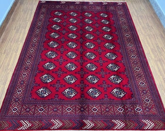 7x9 Afghan Bokhara Rug: Hand-Knotted Wool Turkmen Sara Rug