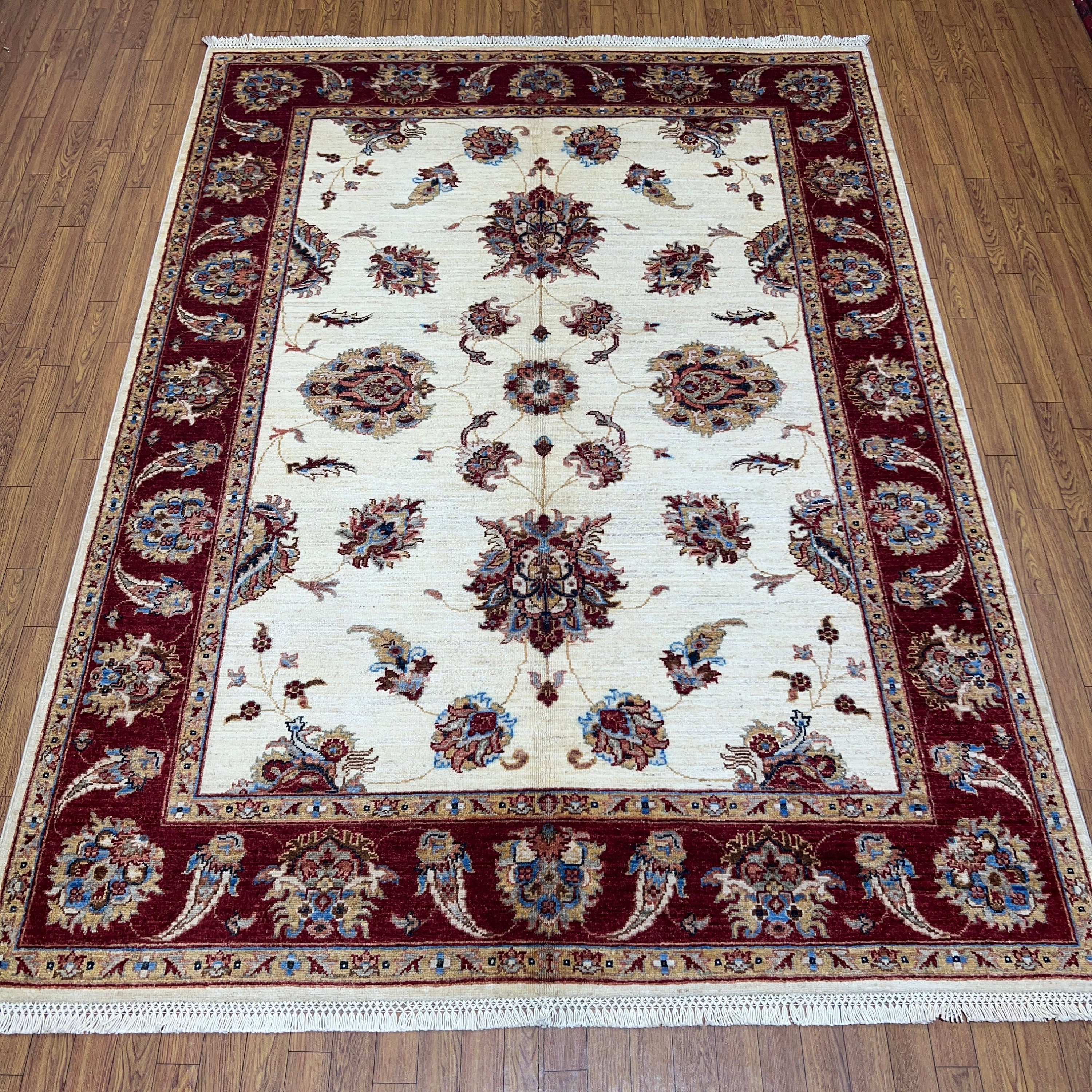 5x7 Beige Red Ziegler Area Rug, 100% Wool Veg Dyed Chobi Rug