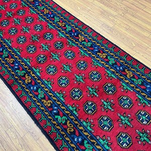 Red 3x9 Ft Bokhara Runner Rug - Afghan Traditional Hand Knotted Veg Dyes Wool Runner Rug - Hallway Runner - Entryway Runner - Bedroom Runner