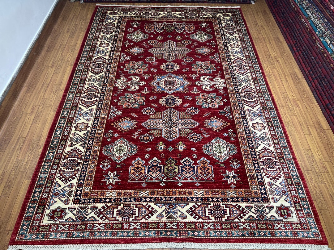 Red 6x9 Kazak Area Rug, Afghan Hand Knotted Veg Dye Wool Oriental Rug ...