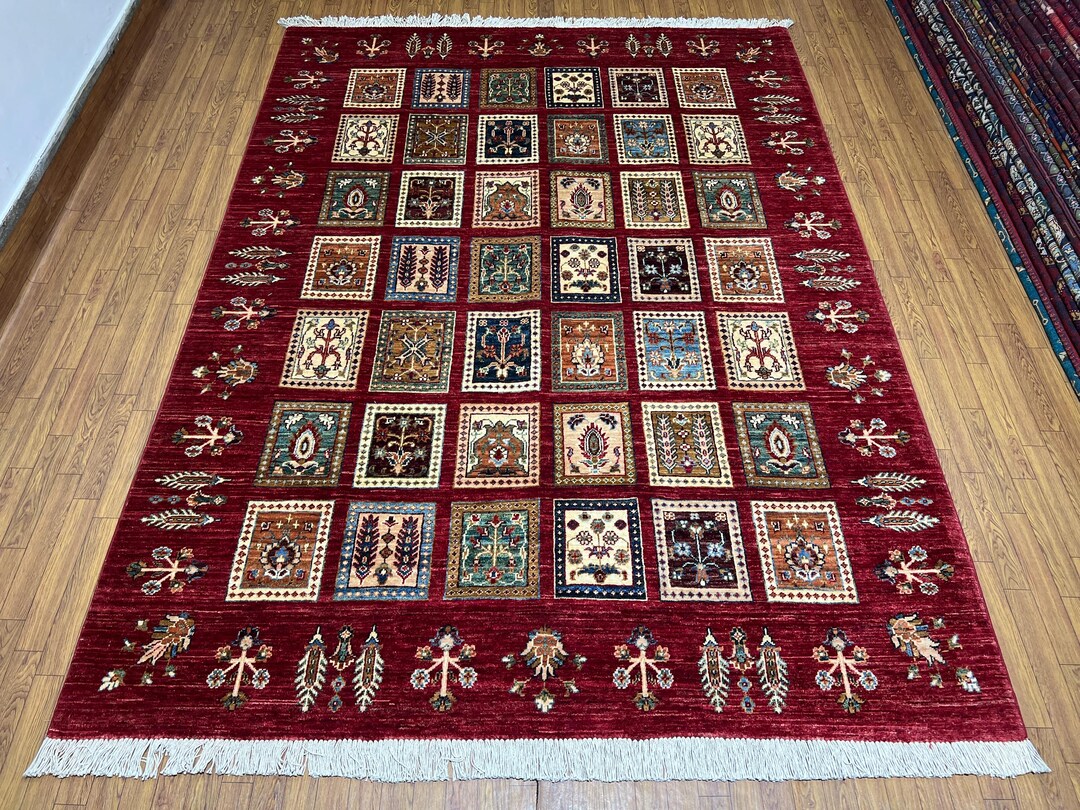 6x8 Ft Bakhtiari Area Wool Rug - Hand Knotted Afghan Geometric Pattern ...