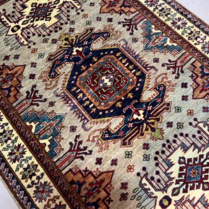 Gray 4x6 Ft Kazak Area Rug - Afghan Hand Knotted Veg Dyes Wool Geometric Rug - Rug For Bedroom - Kids Room Rug - Entryway Rug