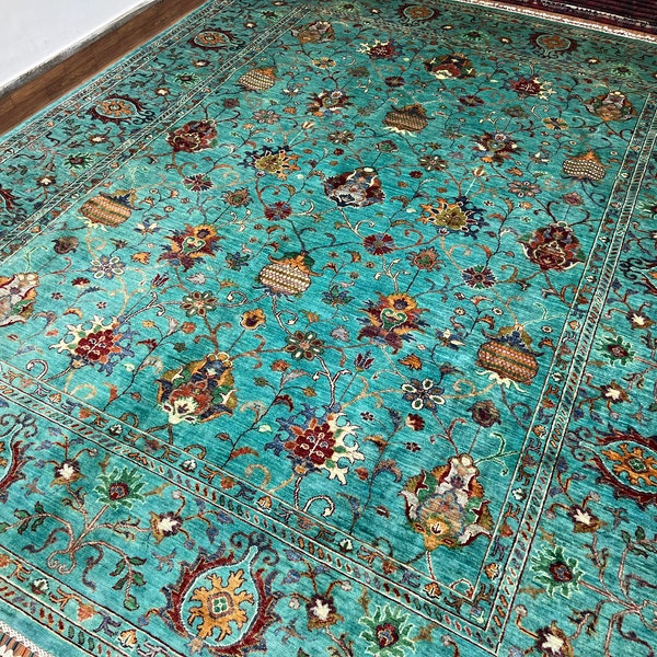 Turquoise 8x10 Handmade Area Rug, Afghan Veg Dyes Wool Rug, Bidgar Rug, Hand Knotted Dining Table Rug, Rug For Living Room, Bedroom Rug