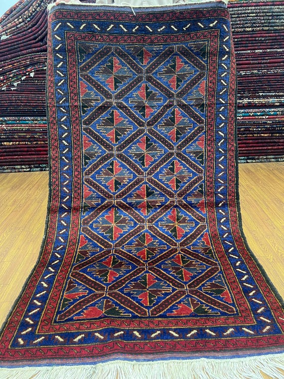 3'4'' X 5'9'' Ft Navy Blue Baluch Area Rug - Vintage Geometric Rug