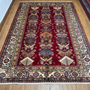 Red 7x10 Ft Large Kazak Area Rug - Afghan Sheep Wool Oriental Rug - Dining Table Rug - Geometric Pattern Rug - Tribal Area Rug - Traditional