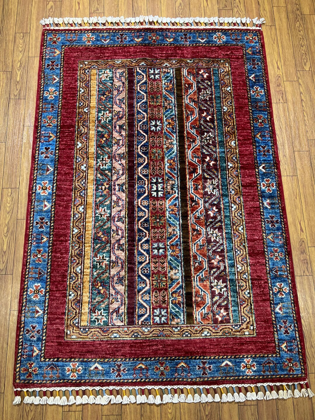 Blue and Red 3x4 Ft Striped Area Rug - Afghan Hand Knotted Veg Dyes ...