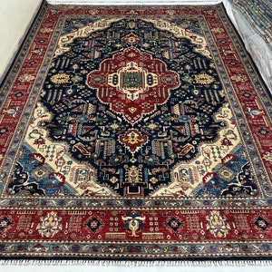 Navy Blue & Red 10x14 Heriz Area Rug, Afghan Hand Knotted Veg Dyes Wool Medallion Rug, Rug For Living Room, Dining Table Rug, Bedroom Rug