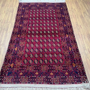 Red 4x7 Ft Baluch Area Rug - Afghan Vintage Hand Knotted Veg Dyes Wool Tribal Rug - Rug For Bedroom - Kitchen Rug - Entryway Rug 4x7 Ft