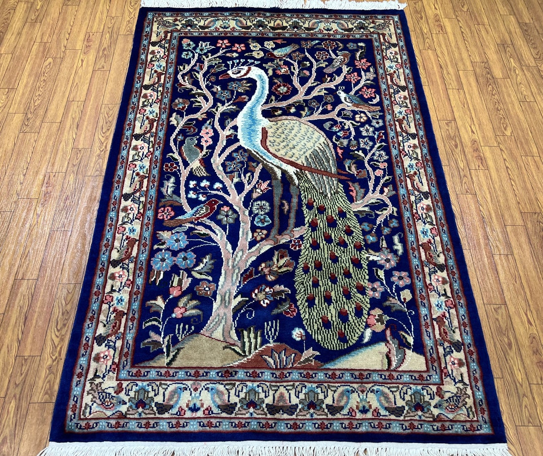 Navy Blue 3x5 Peacock Area Rug, Hand Knotted Wool Rug, Pictorial Hanging Rug, Rug for Kids Room