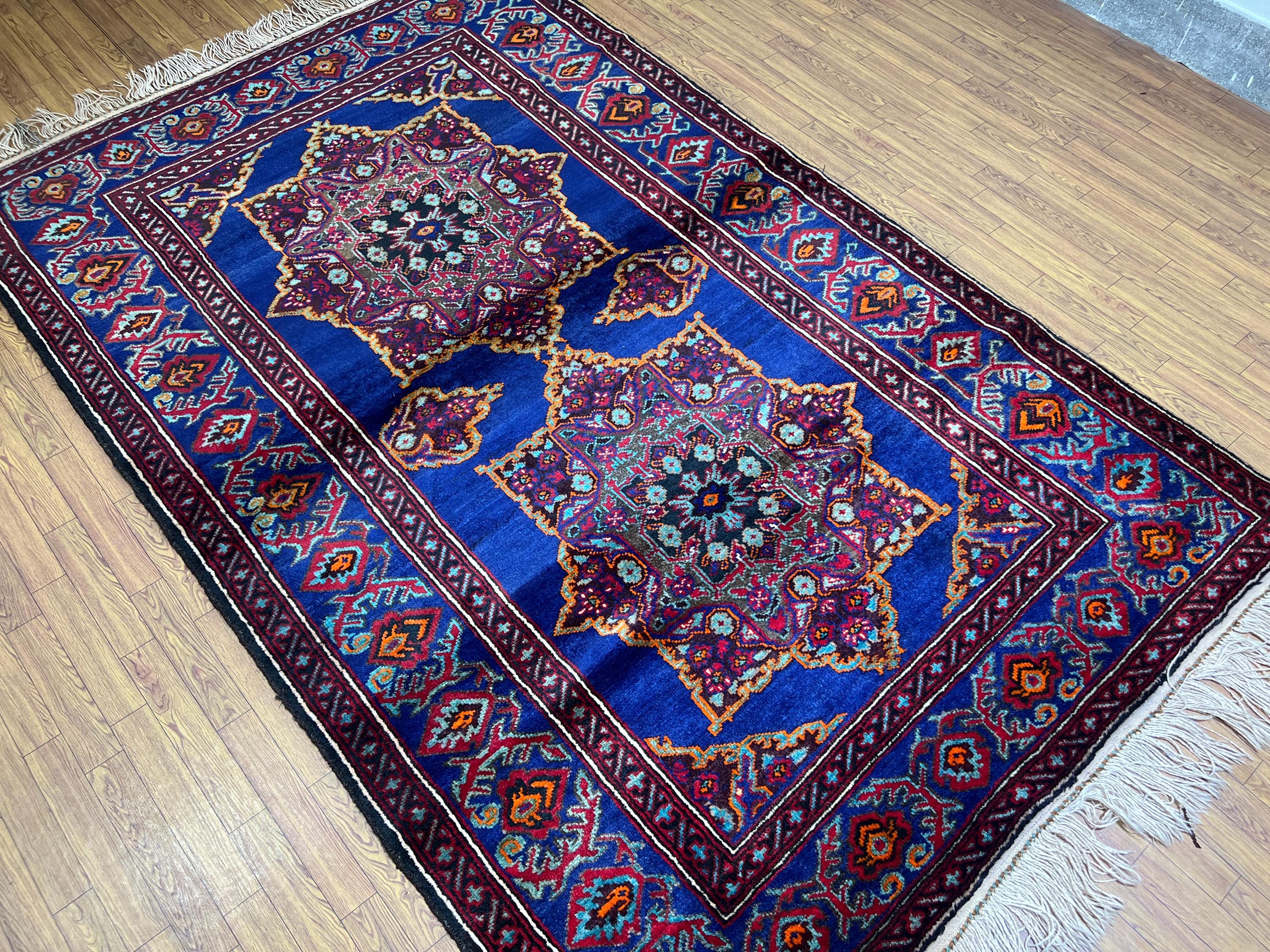 ラグ・カーペット Baluch mini rug Navy Blue 5x7 Ft Baluch Area Rug - Afghan High Pile Wool Vintage