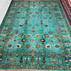 9x12 Ft Turquoise Bidjar Area Rug, Afghan Hand Knotted Veg Dyes Wool Oriental Rug, Rug For Living Room, Rug For Bedroom, Dining Room Rug