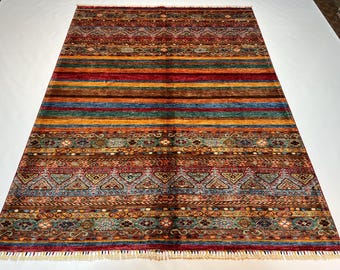 6x8 Ft Gabbeh Area Rug - Afghan Hand Knotted Veg Dyes Wool Tribal Rug - Rug For Living Room - Bedroom Rug - Kids Room Rug - Striped Rug 6x8