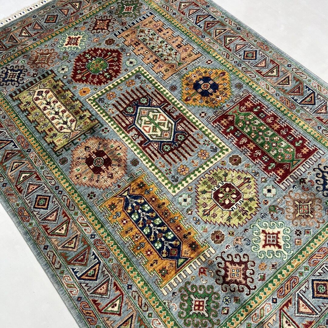 Waziri Rug Handmade 5x7 Ft Grey Waziri Ersari Area Rug - Afghan Veg Dyes Geometric ...