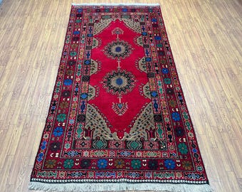 手作りのアフガニスタン・バルーチラグ：4x7インチの赤いウールの