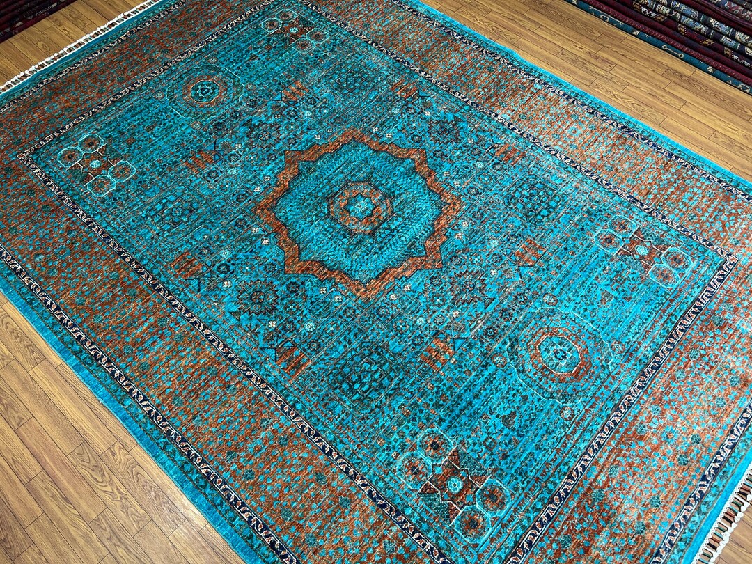 Handmade 6x8 Ft Aqua Blue Mamluk Area Rug - Organic Dyes Wool Geometric ...