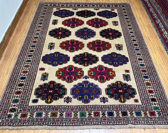 1970s Vintage 7x9 Ft Baluch Area Rug - Handmade Afghan Veg Dyed Wool Tribal Rug - Neutral Cream Beige Rug - Rug For Living Room - Rare Find