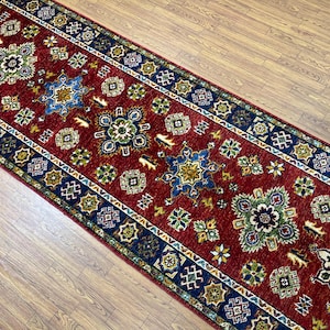 Red 9 Ft Floral Runner Rug - Afghan Hand Knotted Veg Dyes Wool Runner Rug - Hallway Runner - Entryway Runner - Stair Runner - Kitchen Runner