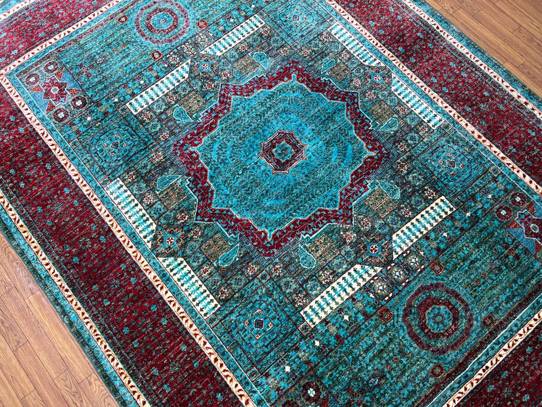 6x8 Ft Mamluk Rug - Hand Knotted Turkish Medallion Rug - Turquoise Red ...