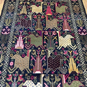 4x7 Pictorial Rug, Afghan Baluch Hand Knotted Natural Dye Wool Rug, Kids room Rug, Entryway Rug, Kitchen Rug, Antique Rug, Hanging Rug